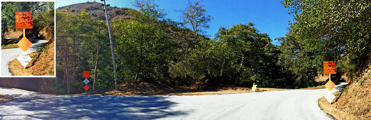 "No exit" was the theme of today's ride. On Tunitas, turn left, "Bikes not advised." Turn right, "Bikes not advised." Is there a not-so-subtle message they're sending us? And on Stage Road, if you were heading South from San Gregorio, there's no warning about the gravel until you get to the top of the final climb, where it tells you "Bikes not advised." Where are you going to go?